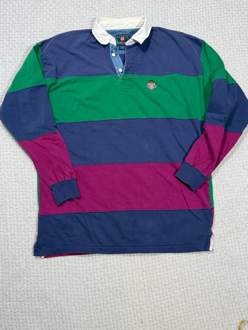 Vtg Chaps Ralph Lauren Bold Striped Polo Rugby Preppy Shirt Blue Green Pink XL